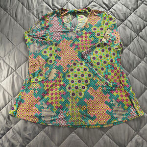 (M) Women's Annabelle Teal and Pink Abstract Bell Sleeve Tunic Top with Cut-Outs